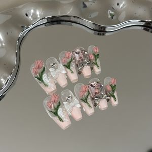 Pink Tulip Long Nails Gentle Girl Heart Ice through High-End White Enhancing Detachable Handmade Wearing Nails Beauty Tools