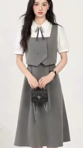 Set áo sơ mi cộc tay phối áo gile kèm chân váy xoè dáng dài thanh lịch NEWFASHION99