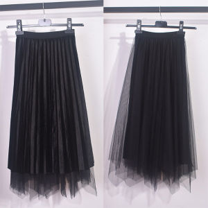 Double-Sided Wear Velvet Skirt Mid-Length Asymmetrical Pleated Mesh Autumn Winter Womens High Waist A-Line Solid Color Skirt