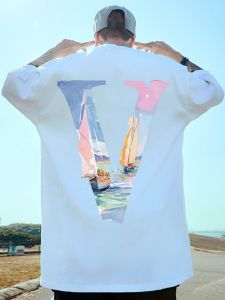 อินเทรนด์ American Letter V Print Short Sleeve ผ้าฝ้าย เสื้อยืดผู้ชาย ลำลอง หลวม Fit พลัสไซส์ Half Sleeve Leisure เสื้อท่อนบน