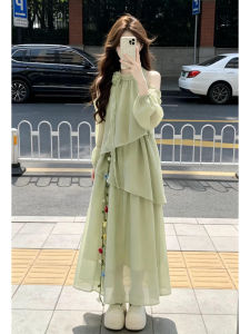 LIRENQING | Shoulder Baring Neck Hanging Summer New French Style Petite Cake Layered Long Dress