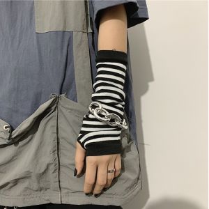 【♡Lovely girls house♡】Punk Gothic Striped Long Arm Fingerless Gloves Outdoor Arm Warmer Half Finger Sleeves Sun Protection Sleeve