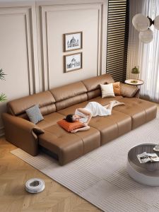 Electric Leather Sofa Bed Modern Minimalist Living Room Expandable Straight Row Wooden Structure Soft down Filling Customizable