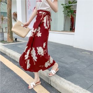 Summer Floral Print Sash Wrap Long Skirt A-Line High Waist Chiffon Asymmetrical Mid-Length Half Skirt with Slit for Women