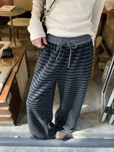 Hollyii Korean Style Loose Fit Striped Color Block Retro Casual Pants Womens Autumn New Arrival Comfortable High Waist Straight Leg