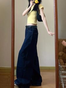 ขากว้างย้อนยุคสีน้ําเงินเข้ม เดนิม กางเกงยีนส์ ผู้หญิง ฤดูร้อน New American High Street Spice เด็กผู้หญิง หลวม พรางหุ่น ความยาวพื้น กางเกง