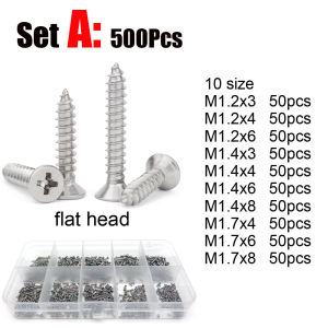 380/1010pcs M1.2 M1.4 M1.7 M2 M3 M4 304 Stainless Steel Phillips Round & Flat Countersunk Head Self Tapping Wood Screw Set Kit