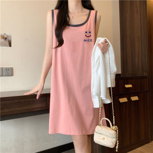 ชุดเดรสแขนกุดคอวีพิมพ์ลายเซ็กซี่สไตล์คอตตอนสุดเท่สำหรับฤดูร้อน กระโปรงทรงเอเอวสูง ความยาวปานกลาง ผ้าฝ้าย 100%