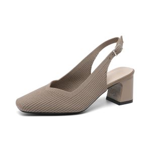 Ladies Square Toe Black High Heels 2024 Summer New Style High-End Thick Heel Shoes Casual Woven Shoes Large Size