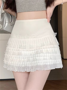 Váy Chữ a Xếp Ly Ren Viền Trắng Cỡ Lớn Cho Nữ Mùa Thu Váy Ngắn Cỡ Nhỏ Váy Nửa Thân Trên Có Khóa Kéo