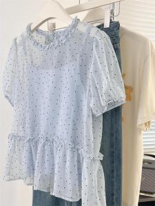 Polka Dot Short Sleeve Womens Shirt 2025 New Summer Fashion Waist Cinch Bubble Sleeve Two Piece Set Top Trendy Blouse