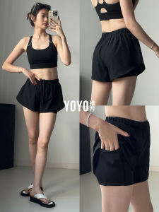 กางเกงโยคะระบายอากาศสีดำสำหรับผู้หญิง กางเกงขาสั้นวิ่งกีฬาป้องกันแสง โยคะ Pilates กระชับสุขภาพ ผ้าโพลีเอสเตอร์ แห้งเร็ว ระบายอากาศได้ดี