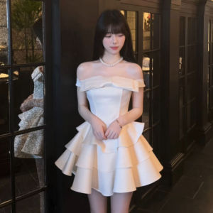 French Princess Style Short Puffy Skirt One Shoulder Waist Cinched Summer Dress Elegant Princess A-Line Silhouette Backless Butterfly Knot