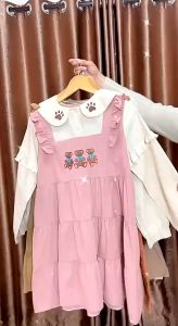 มินิเดรสแขนยาวแต่งระบายทูโทน ปักลายน้องหมี อก30-40นิ้ว