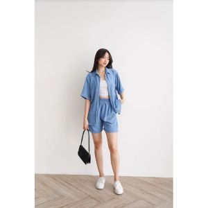 Setelan Kemeja + Hotpants Set Kora COD Setelan Celana Pendek Wanita Korean style