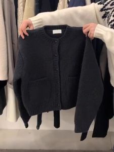 Womens Black Cashmere Sweater Cardigan: High-Quality Knitwear with Loose Fit and Long Sleeves for Autumn and Winter