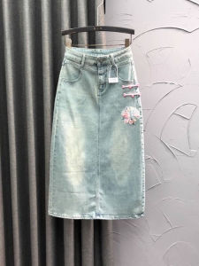 New Chinese Style Denim Skirt Womens Spring/Summer Fashion Casual Slit Buckle Retro A- line Mid-Length One-Step Skirt