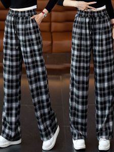 กางเกงขายาวทรงตรงเอวยางยืดลายสก็อตสำหรับผู้หญิง กางเกงขายาวทรงตรงเอวสูงผ้าโพลีเอสเตอร์ผสมคอตตอนและยางยืด ฤดูใบไม้ผลิและฤดูร้อน
