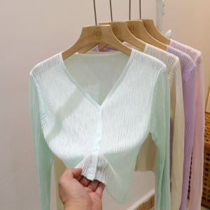Ice Silk V-Neck Cardigan with Short Straps Ultra-Thin Long Sleeve Top for Summer Perfect for Small Female Fashion Lovers