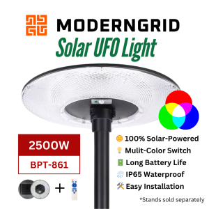 🥇 Moderngrid UFO 2500W Integrated LED Solar Street Light with Remote Control and 3.0m Black Pole Mount for Outdoor Gardens Farms and Parks