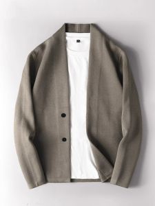 Business Casual Knitted Cardigan Mens Slim Fit Open Front Sweater Spring Autumn Outerwear No Button Trendy Long Sleeve V-Neck