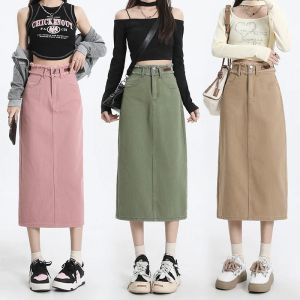 100% Cotton Womens Slim Denim Skirt Summer Casual A-line Hip-covering Long Skirts Female Clothing Pink Khaki Green