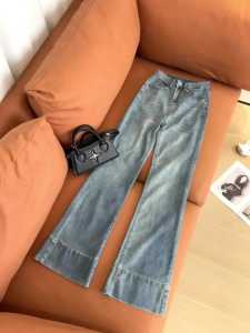กางเกงยีนส์ทรงขาบานสไตล์ย้อนยุคแบบอเมริกันสำหรับผู้หญิงไซส์ใหญ่ กางเกงขายาวทรงขาบานเอวสูง ทรงหลวม ทรงขาบาน
