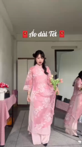 QC_ Áo dài hoa nổi sang trọng du xuân áo dài pastel dịu dàng set áo dài nữ tính tiểu thư Tơ thêu 2 lớp đính 3 nơ mix quần dài Mango