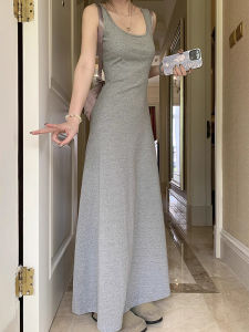 French Grey A-Line Strapless Summer Dress Womens Pure Desire U-Neck Waist-Cinched Lazy Vest Dress with Chest Pad