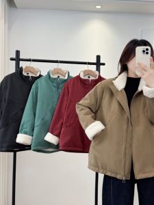 เสื้อแจ็คเก็ตผ้าฝ้ายผสมขนแกะขนาดใหญ่สำหรับผู้หญิงในฤดูหนาว เสื้อคลุมกันหนาวแบบลำลอง ปกคอกลม ทรงหลวม อบอุ่น