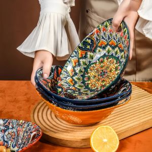 Ceramic salad bowl bohemian novelty oval plate with handle microwave safe boat-shaped bowl stackable food bowl fruit bowl-2PCS