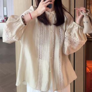 SHUAIYUE | Áo Sơ Mi Tay Chuông Phối Ren Vintage Dáng Rộng Thon Gọn Cho Nữ