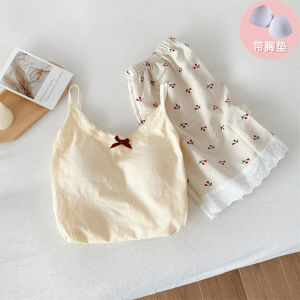Summer Seamless Vest Strap Chest Pad Womens Short Set Home Clothes Sweet Style Short Pants Two-Piece Set Casual Home Scene