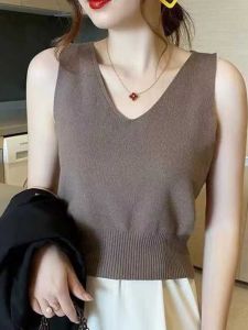 Áo Sơ Mi Nữ Mùa Hè Lụa Băng Cổ Chữ V Áo Len Dệt Kim Kiểu Pháp Thanh Lịch Áo Ba Lỗ Bên Trong Áo Khoác Ngoài Áo Sơ Mi Thường Ngày