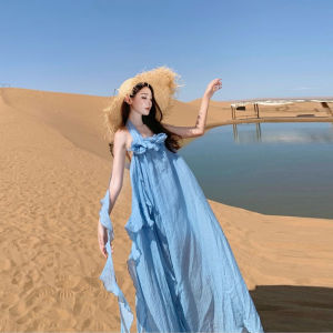 Unique Beautiful Fairy Neck Hanging Strap Dress Beach Vacation Style Summer Elegant Beach Skirt High Waist A-Line Gown V-Neck