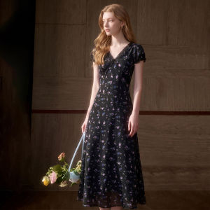 Slimming French Style V-Neck Floral Dress Black