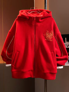 เสื้อแจ็คเก็ตเด็กชายหนาแบบสวมซ้อนชั้น ทรงพอดีตัว ผ้าขนแกะสองด้าน สีแดง เสื้อผ้าใส่ไปงานวันเกิดปีใหม่ ฤดูหนาว 2024 เสื้อผ้าเด็ก Fairchild