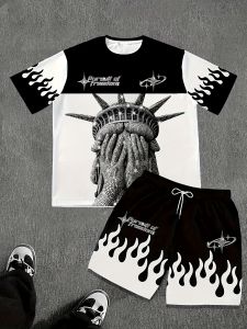 Summer fashion mens new Statue of Liberty print comfortable and breathable round neck T-shirt shorts set outdoor casual clothin