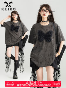 KEIKO Butterfly Flower Hole Short Sleeve T-Shirt Women Summer Retro Loose Slim round Neck Half Sleeve Top Casual Style Cotton Blend