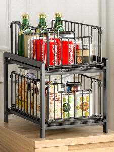 Narrow Double Layer Pull out Metal Shelf for Kitchen Spice Storage under Cabinet Sink Organizer Easy to Clean No Drilling Required