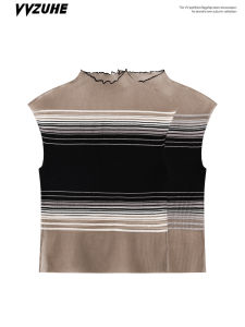 Áo Vest Nữ Cổ Cao Màu Tương Phản Kẻ Sọc Mỏng Ôm Vừa Vặn Thời Trang Mùa Thu Áo Ngắn Hở Lưng Kiểu Dáng Chữ I