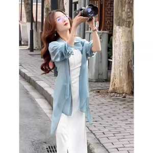 เสื้อเชิ้ตกันแดดฤดูร้อนสำหรับผู้หญิง ทรงเข้ารูป สไตล์ฝรั่งเศส แขนยาว ปกโปโล กระดุมเดียว สีสันสดใส เสื้อผ้าทำงาน