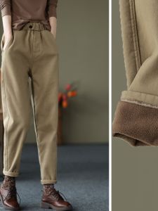Thickened Cotton Linen Harlan Pants Womens Casual Long Trousers Spring Autumn High Waist Loose Fit with Pockets round Neck
