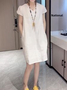 Shalldoer | Summer New Womens Loose Straight Butterfly Knot Back Splice Midi Dress Casual Style High Waist Short Sleeve A-Line Skirt