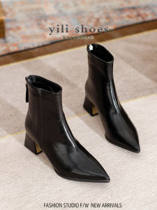 Genuine Leather Skinny Boots Chunky Heel High Heel Booties Womens Pointed Velvet Shoes Popular New Arrival Chelsea Boots This Year