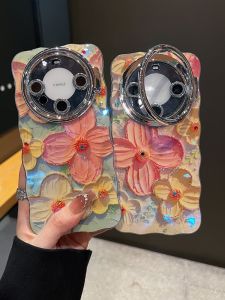 Elegant Advanced Oil Painting Petal Huawei Mate70 pro Full Cover Sparkling Lens Film Stand Protective Case Apple 16 pro Max Compatible