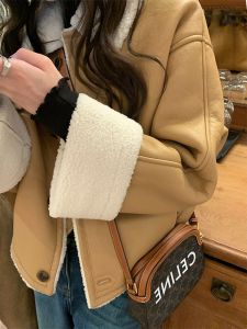 Womens Short Thickened Lamb Fur Jacket Biker Style Leather Coat Autumn Winter Clothes Small Size Winter Outfit Integrated Leather And Fur