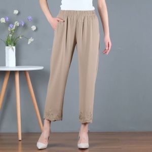 Middle aged and elderly womens pants Thin mothers straight leg cropped pants High waisted elastic elastic casual pencil pants