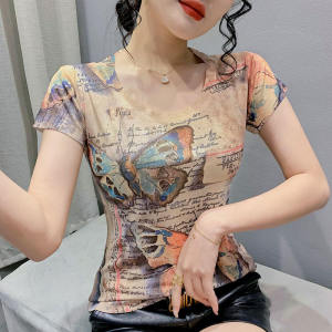 Áo Thun Ngắn Tay Nữ Mùa Hè Mới In Hình Động Vật Và Họa Tiết Hình Học Sáng Tạo Cổ Tròn Phong Cách Đường Phố Cho Bữa Tiệc Sinh Nhật 25-29