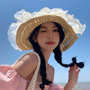 Korean Style Large Brim Straw Hat Floral Edge Beach Sunshade Hat Summer Vacation Outing Womens Sun Hat Sweet Cute Style